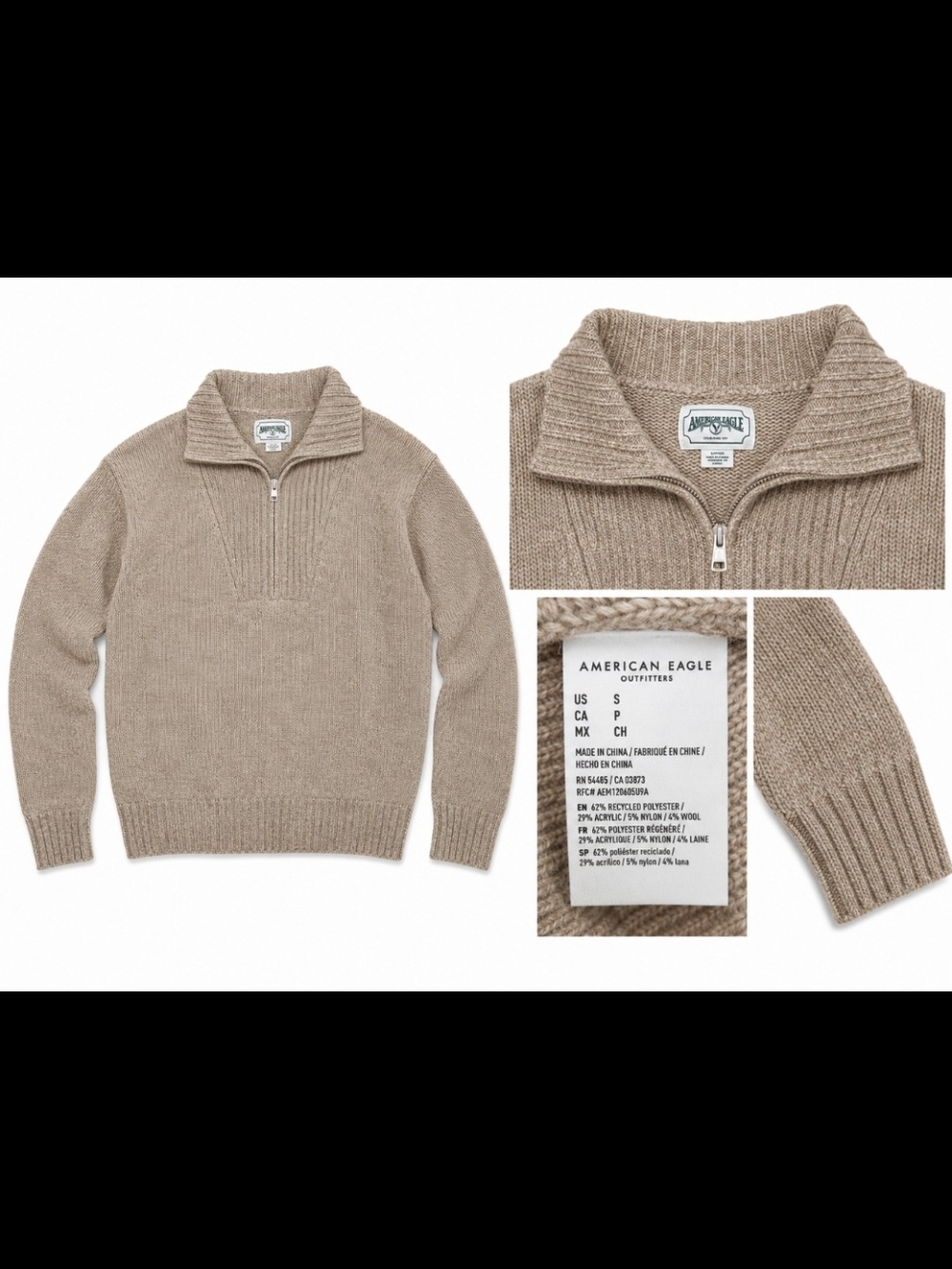 American Eagle Outfitters Men’s Tan Half-Zip Ribbed Sweater